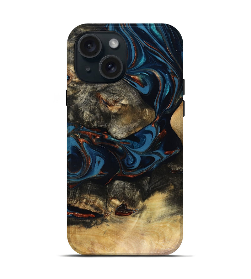 iPhone 15 Wood Live Edge Phone Case - Durward (Teal & Gold, 816166)