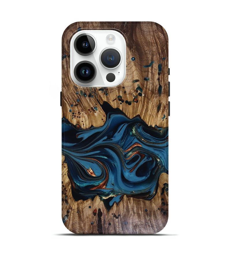 iPhone 15 Pro Wood Live Edge Phone Case - Jalynn (Teal & Gold, 816167)