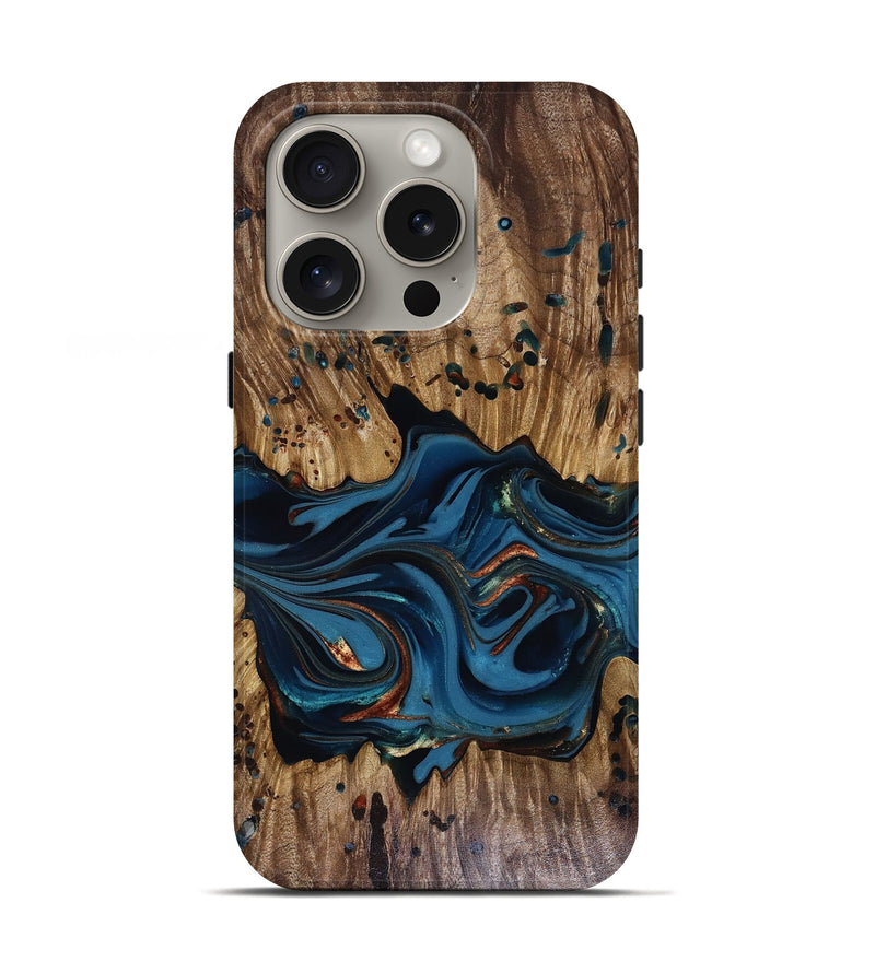 iPhone 16 Pro Wood Live Edge Phone Case - Jalynn (Teal & Gold, 816167)