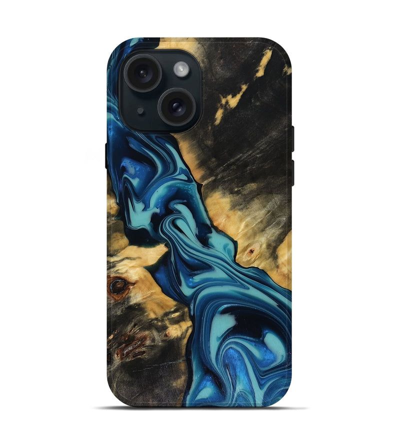 iPhone 15 Wood Live Edge Phone Case - Docia (Blue, 816251)