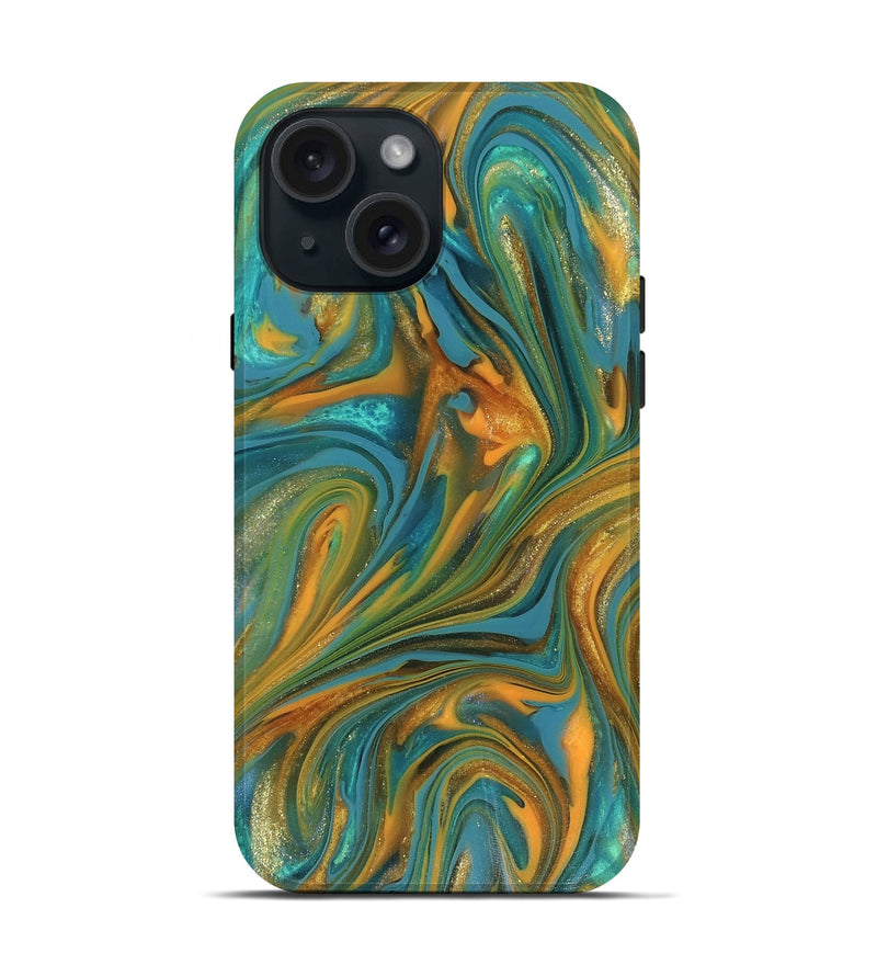 iPhone 15 ResinArt Live Edge Phone Case - Roxie (Teal & Gold, 816256)