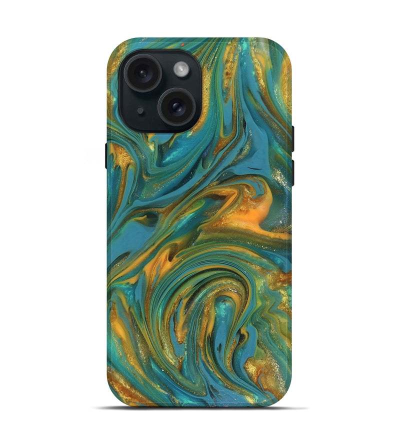 iPhone 15 ResinArt Live Edge Phone Case - Mitchel (Teal & Gold, 816258)