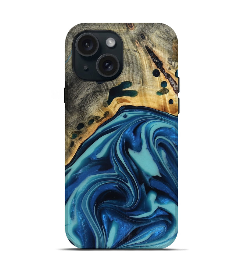 iPhone 15 Wood Live Edge Phone Case - Opal (Blue, 816262)