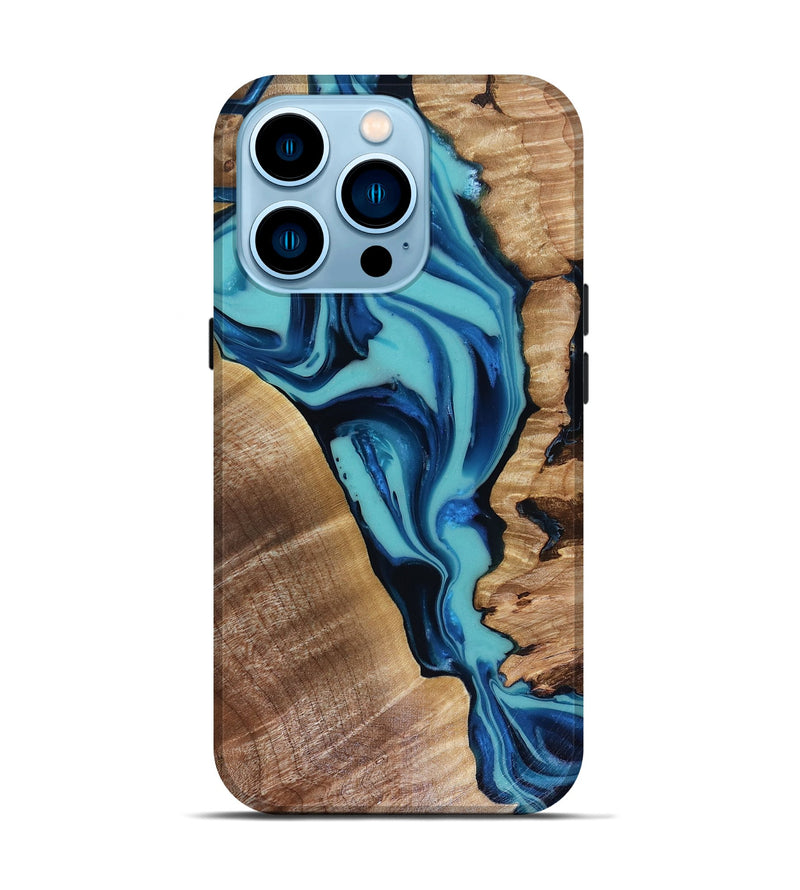 iPhone 14 Pro Wood Live Edge Phone Case - Doretha (Blue, 816266)