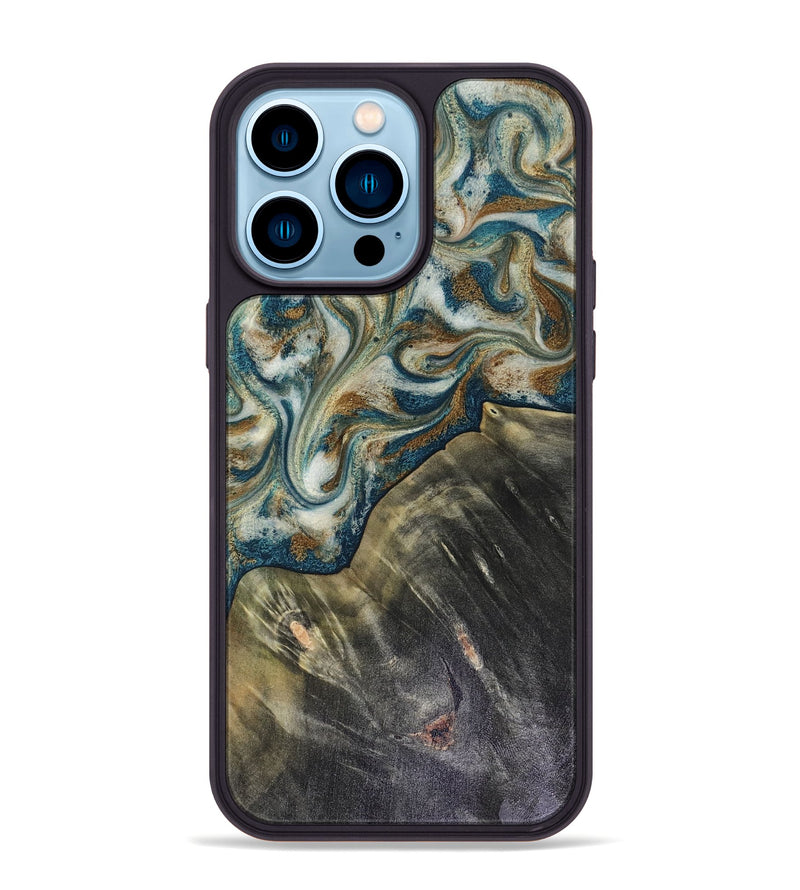 iPhone 14 Pro Max Wood Phone Case - Sarah (Teal & Gold, 816479)