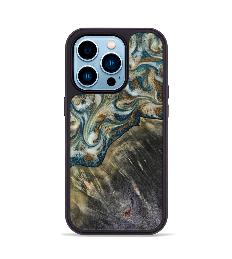 iPhone 14 Pro Wood Phone Case - Sarah (Teal & Gold, 816479)