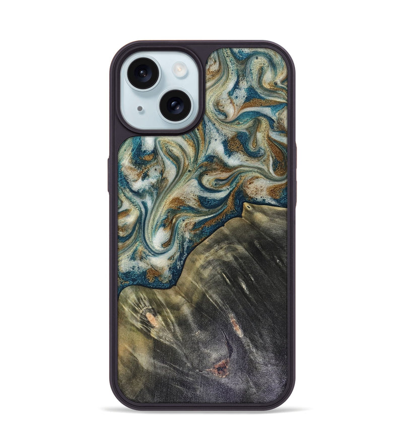 iPhone 15 Wood Phone Case - Sarah (Teal & Gold, 816479)
