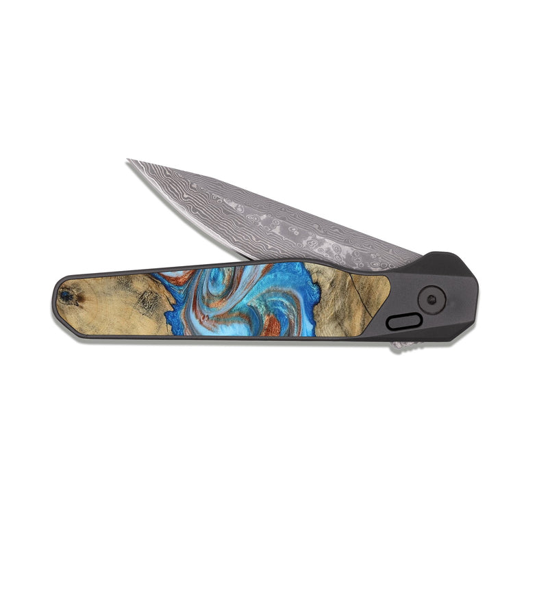 EDC Dark Damascus Wood Pocket Knife - Kizzie (Teal & Gold, 816480)
