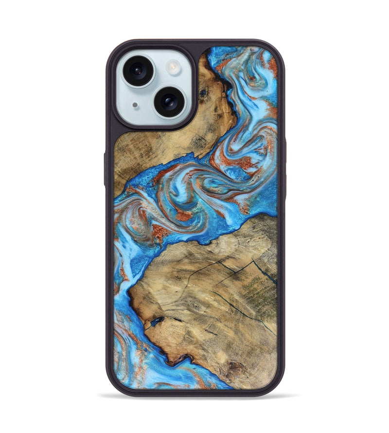 iPhone 15 Wood Phone Case - Kizzie (Teal & Gold, 816480)