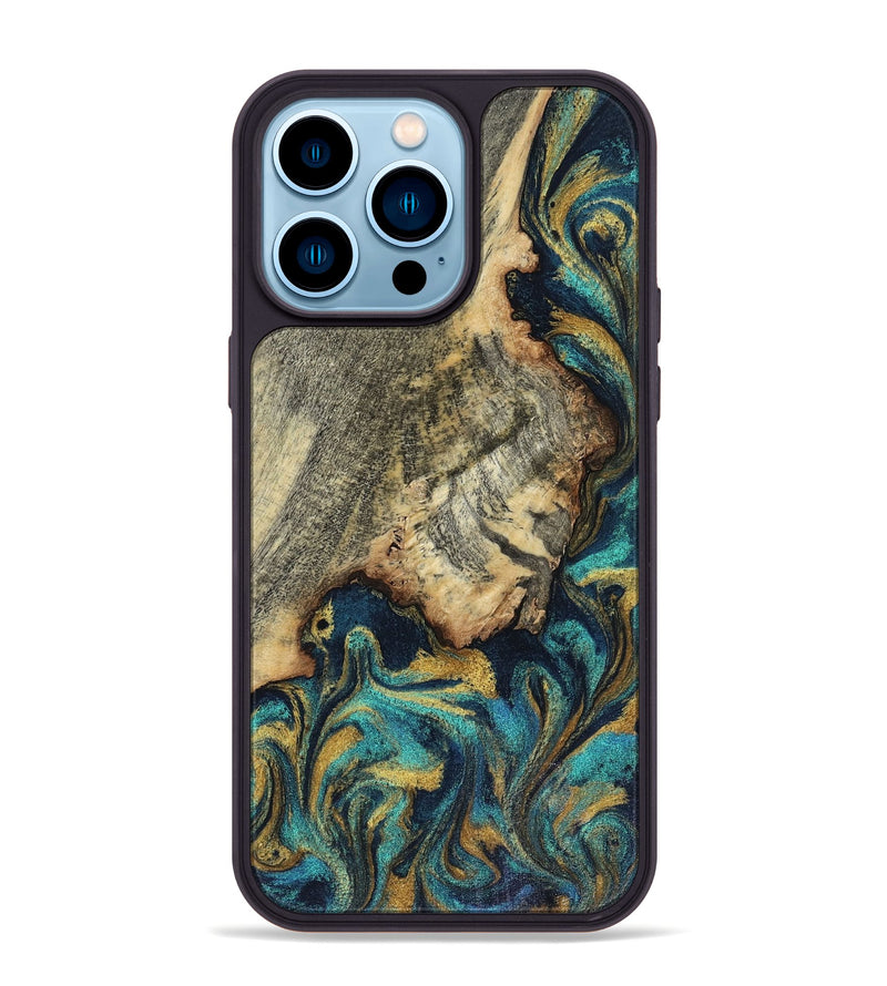 iPhone 14 Pro Max Wood Phone Case - Rollie (Teal & Gold, 816497)