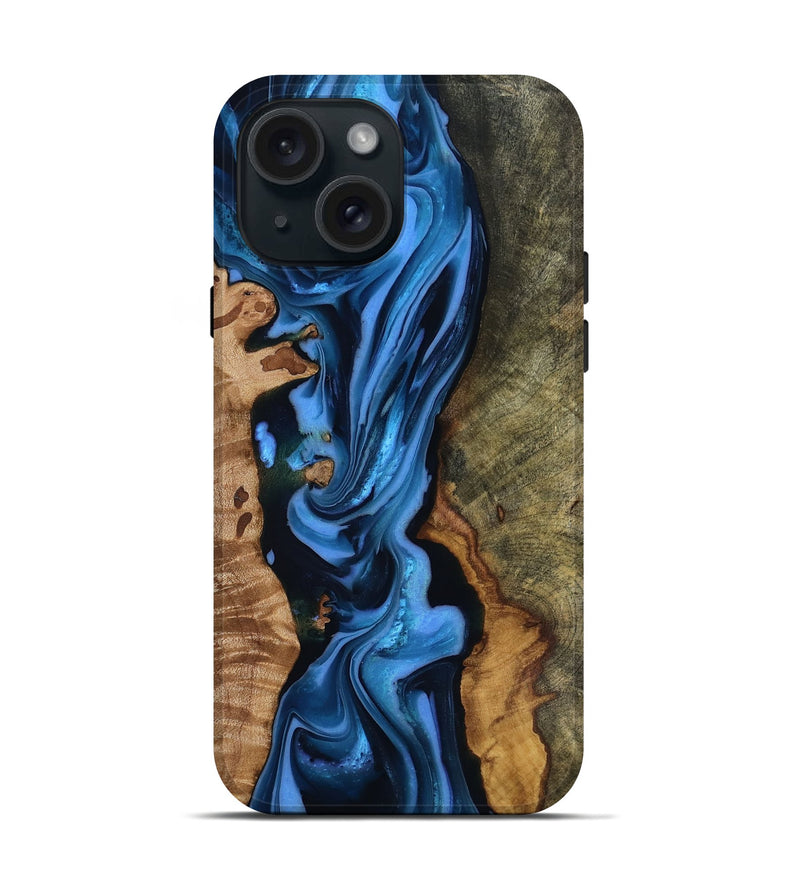 iPhone 15 Wood Live Edge Phone Case - Quinten (Blue, 816875)