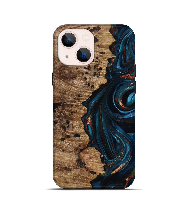 iPhone 13 mini Wood Live Edge Phone Case - Misael (Teal & Gold, 816902)