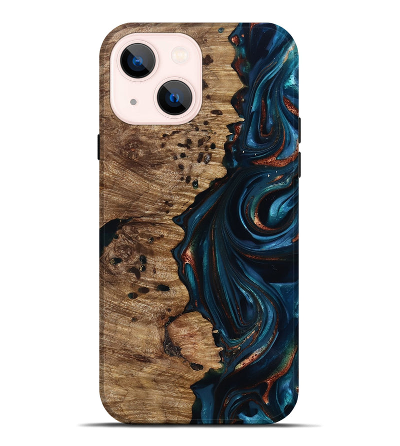 iPhone 14 Plus Wood Live Edge Phone Case - Misael (Teal & Gold, 816902)