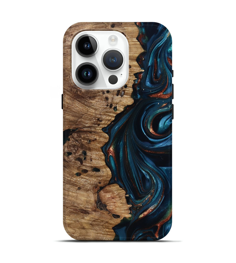 iPhone 15 Pro Wood Live Edge Phone Case - Misael (Teal & Gold, 816902)