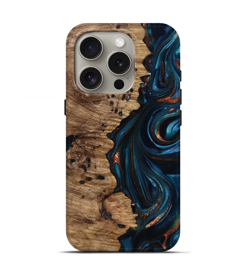 iPhone 16 Pro Wood Live Edge Phone Case - Misael (Teal & Gold, 816902)
