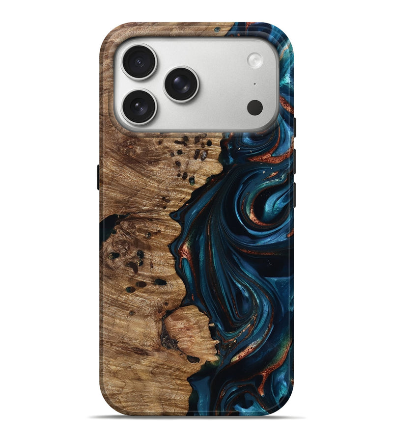 iPhone 17 Pro Max Wood Live Edge Phone Case - Misael (Teal & Gold, 816902)