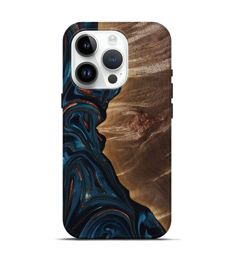 iPhone 15 Pro Wood Live Edge Phone Case - Wilber (Teal & Gold, 816905)