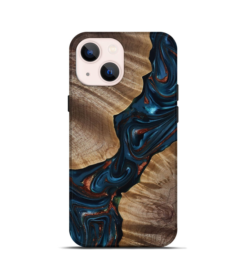 iPhone 13 mini Wood Live Edge Phone Case - Hanna (Teal & Gold, 816906)