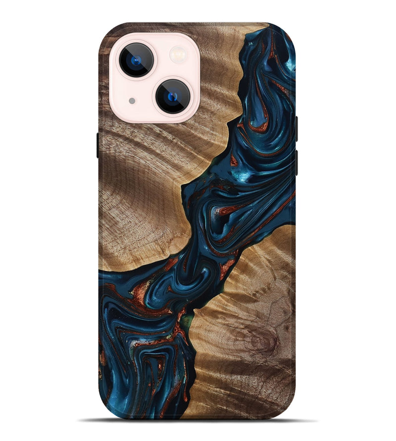 iPhone 14 Plus Wood Live Edge Phone Case - Hanna (Teal & Gold, 816906)