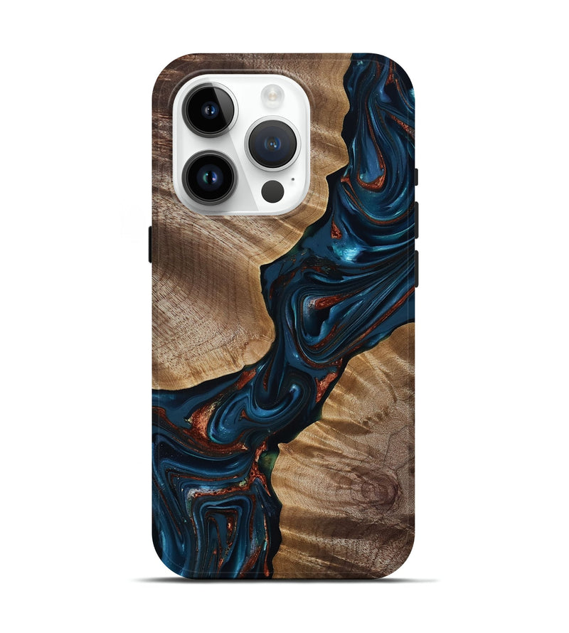 iPhone 15 Pro Wood Live Edge Phone Case - Hanna (Teal & Gold, 816906)