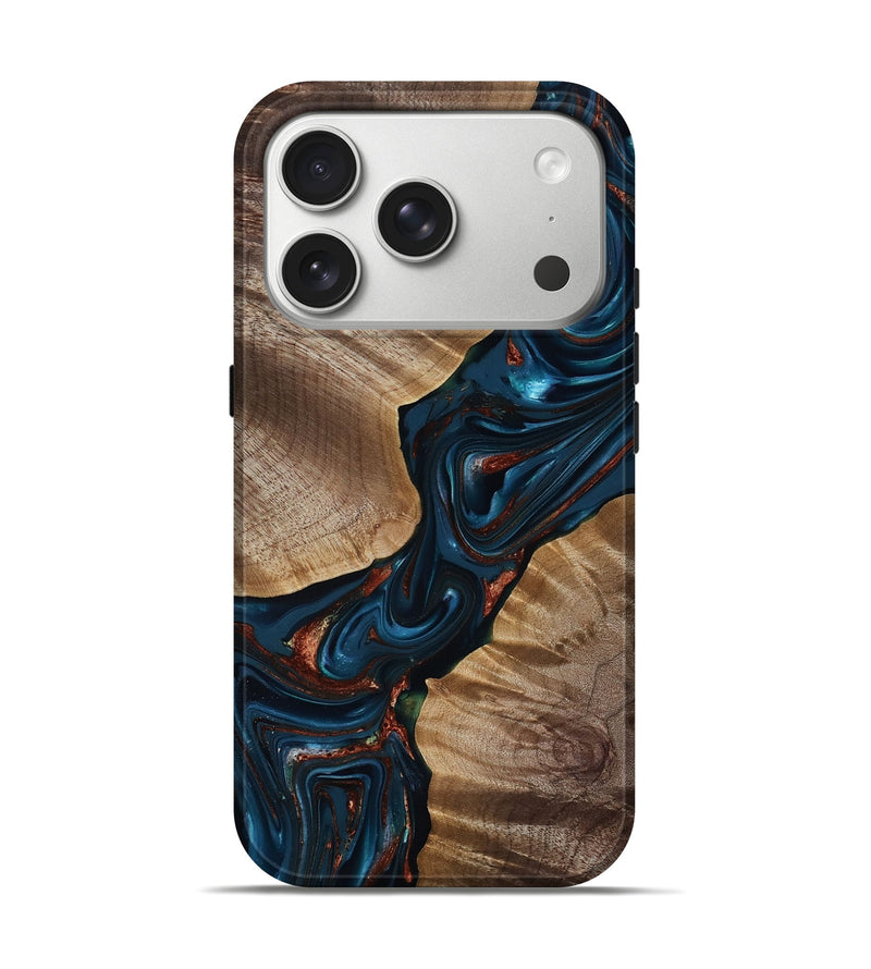 iPhone 17 Pro Wood Live Edge Phone Case - Hanna (Teal & Gold, 816906)