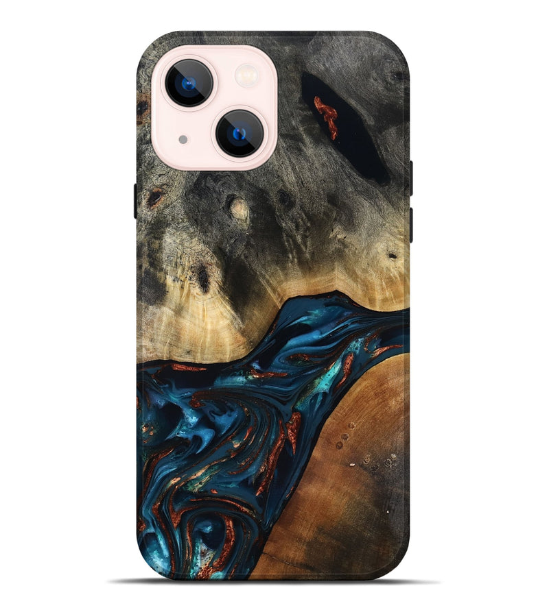 iPhone 14 Plus Wood Live Edge Phone Case - Jericho (Teal & Gold, 816923)