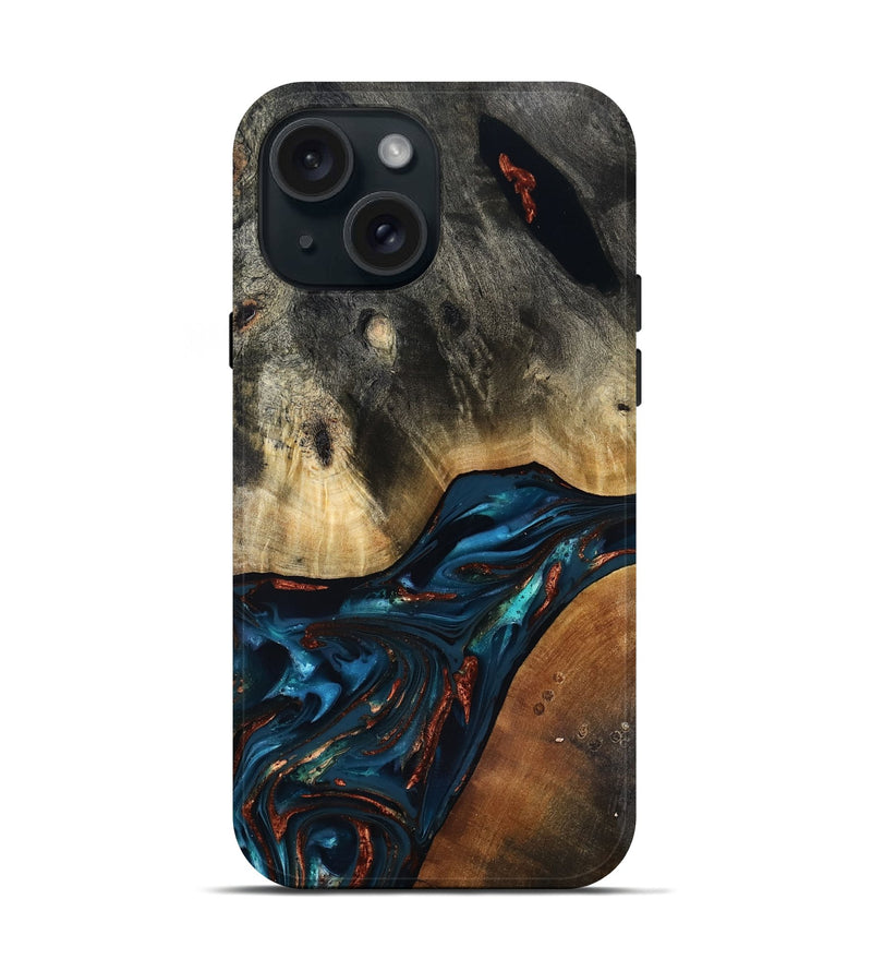 iPhone 15 Wood Live Edge Phone Case - Jericho (Teal & Gold, 816923)