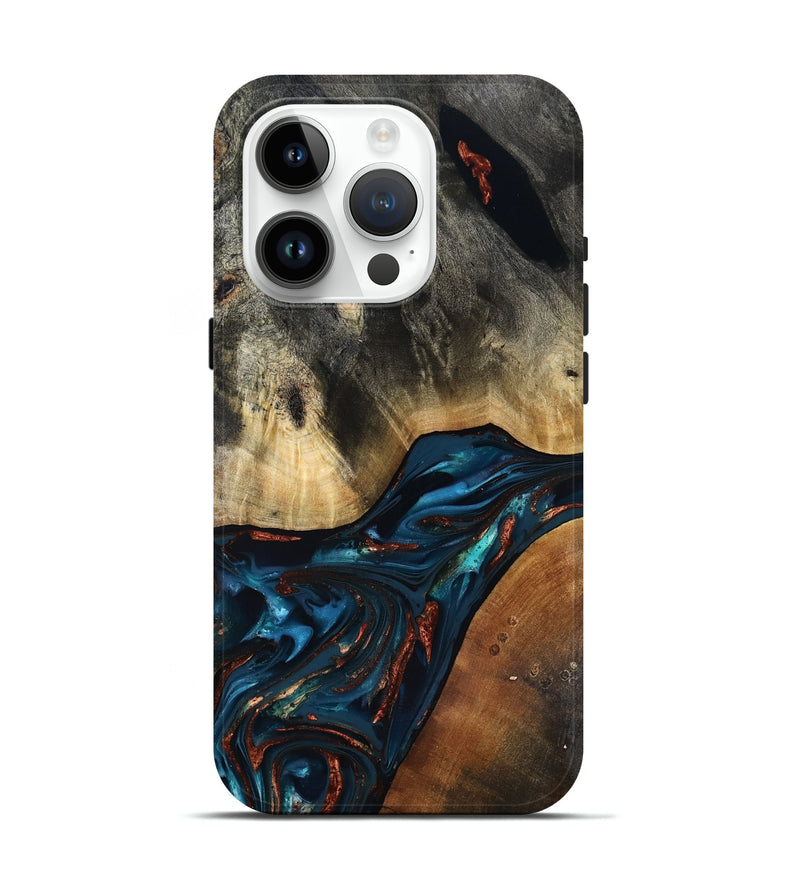 iPhone 15 Pro Wood Live Edge Phone Case - Jericho (Teal & Gold, 816923)