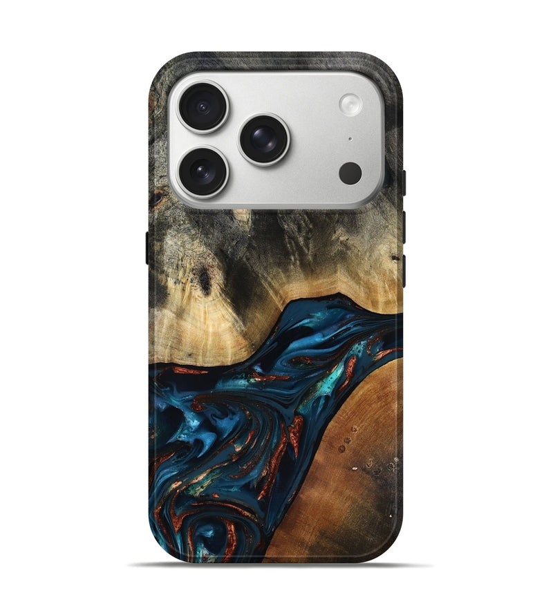 iPhone 17 Pro Wood Live Edge Phone Case - Jericho (Teal & Gold, 816923)