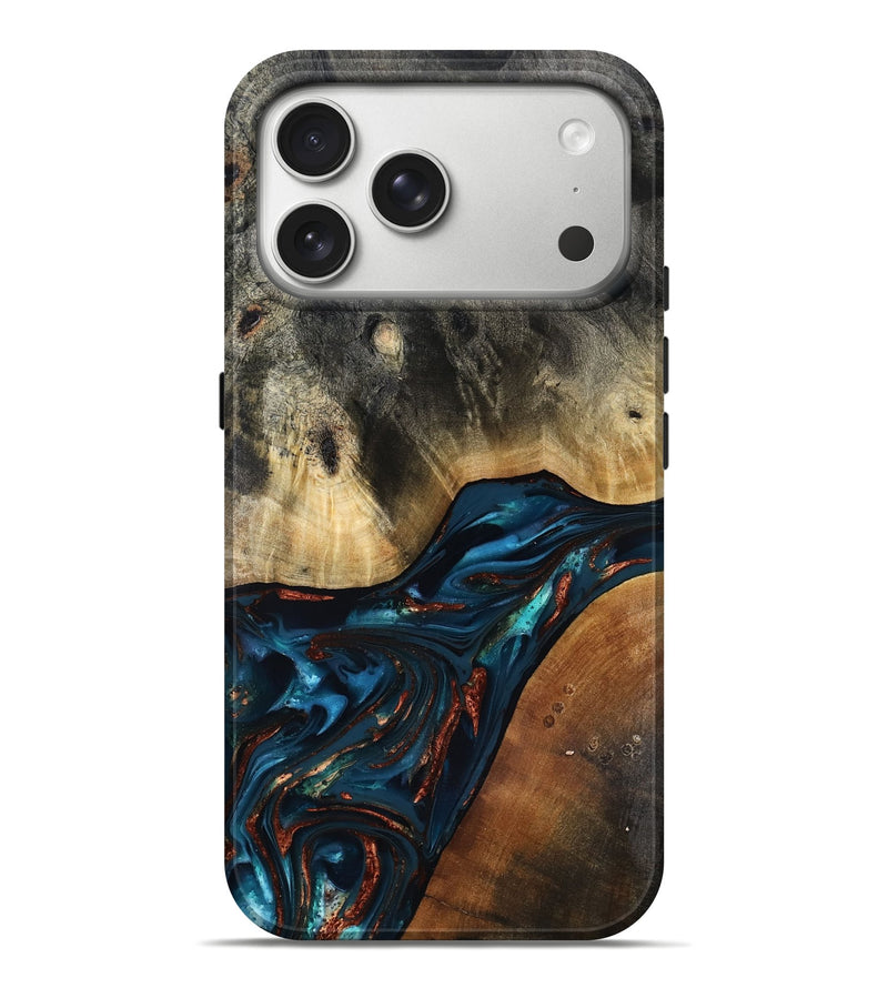iPhone 17 Pro Max Wood Live Edge Phone Case - Jericho (Teal & Gold, 816923)