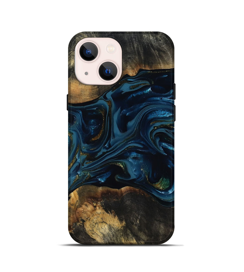 iPhone 13 mini Wood Live Edge Phone Case - Garnett (Teal & Gold, 817006)