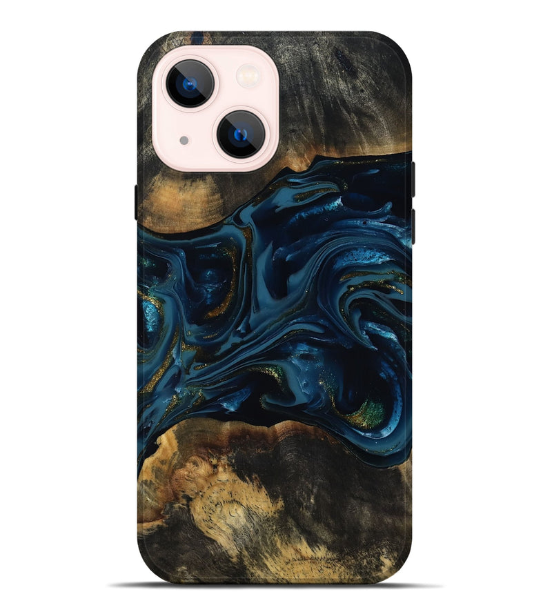 iPhone 14 Plus Wood Live Edge Phone Case - Garnett (Teal & Gold, 817006)