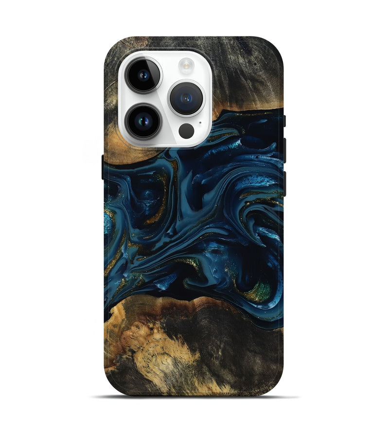 iPhone 15 Pro Wood Live Edge Phone Case - Garnett (Teal & Gold, 817006)