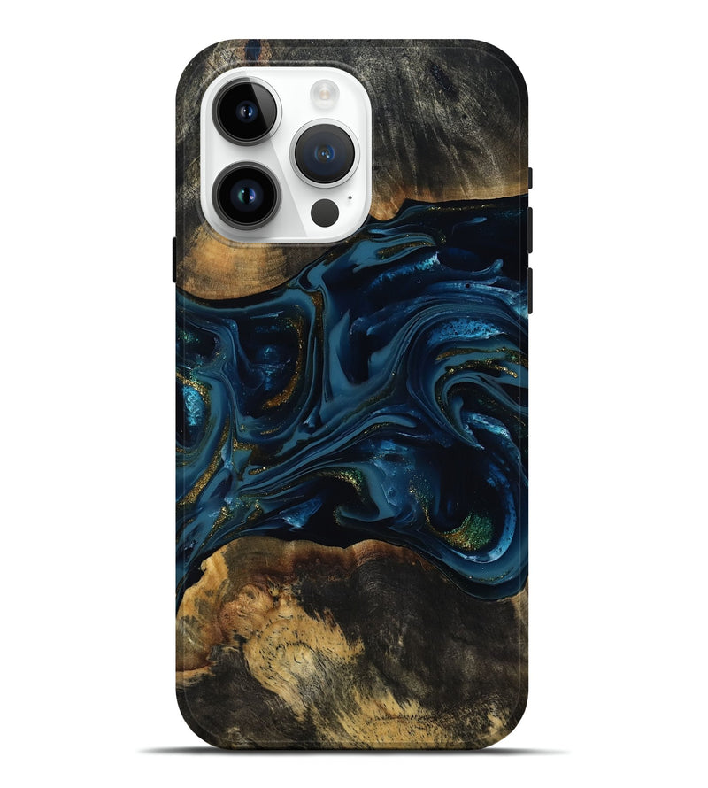 iPhone 15 Pro Max Wood Live Edge Phone Case - Garnett (Teal & Gold, 817006)