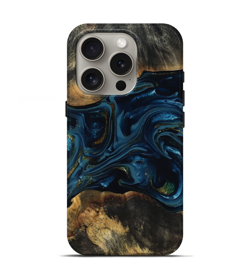 iPhone 16 Pro Wood Live Edge Phone Case - Garnett (Teal & Gold, 817006)