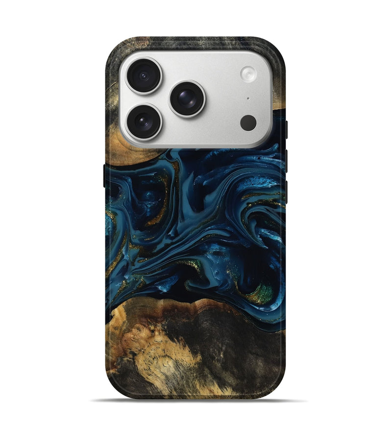 iPhone 17 Pro Wood Live Edge Phone Case - Garnett (Teal & Gold, 817006)