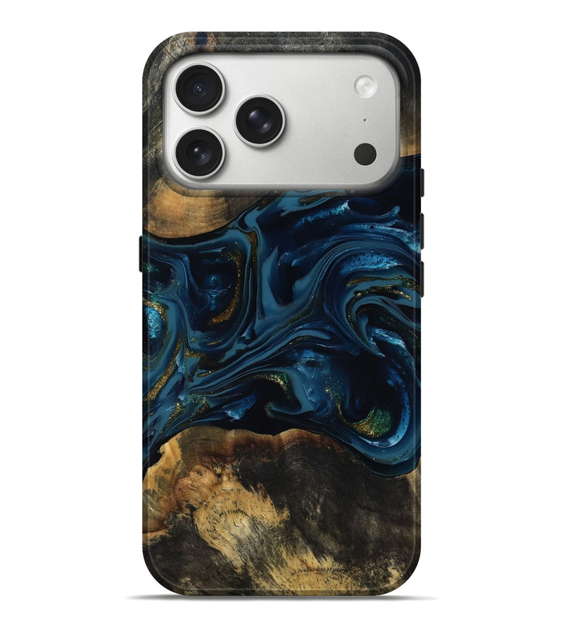 iPhone 17 Pro Max Wood Live Edge Phone Case - Garnett (Teal & Gold, 817006)