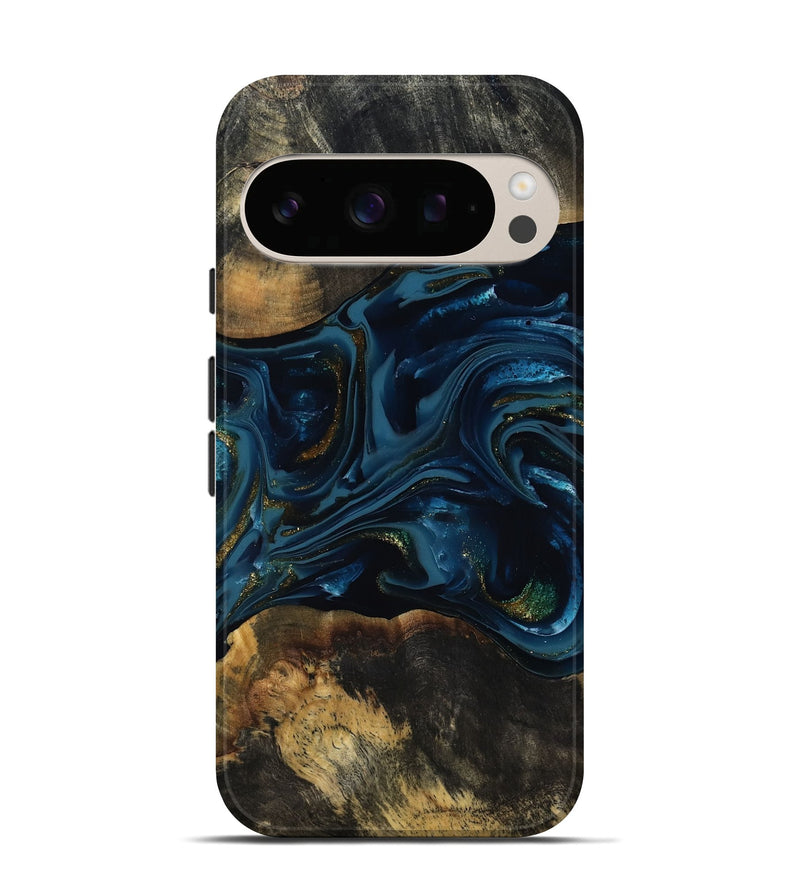 Pixel 10 Pro Wood Live Edge Phone Case - Garnett (Teal & Gold, 817006)