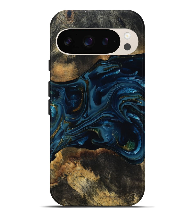 Pixel 9 Pro XL Wood Live Edge Phone Case - Garnett (Teal & Gold, 817006)