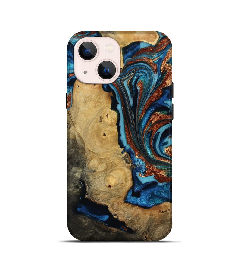 iPhone 13 mini Wood Live Edge Phone Case - Emmie (Teal & Gold, 817007)