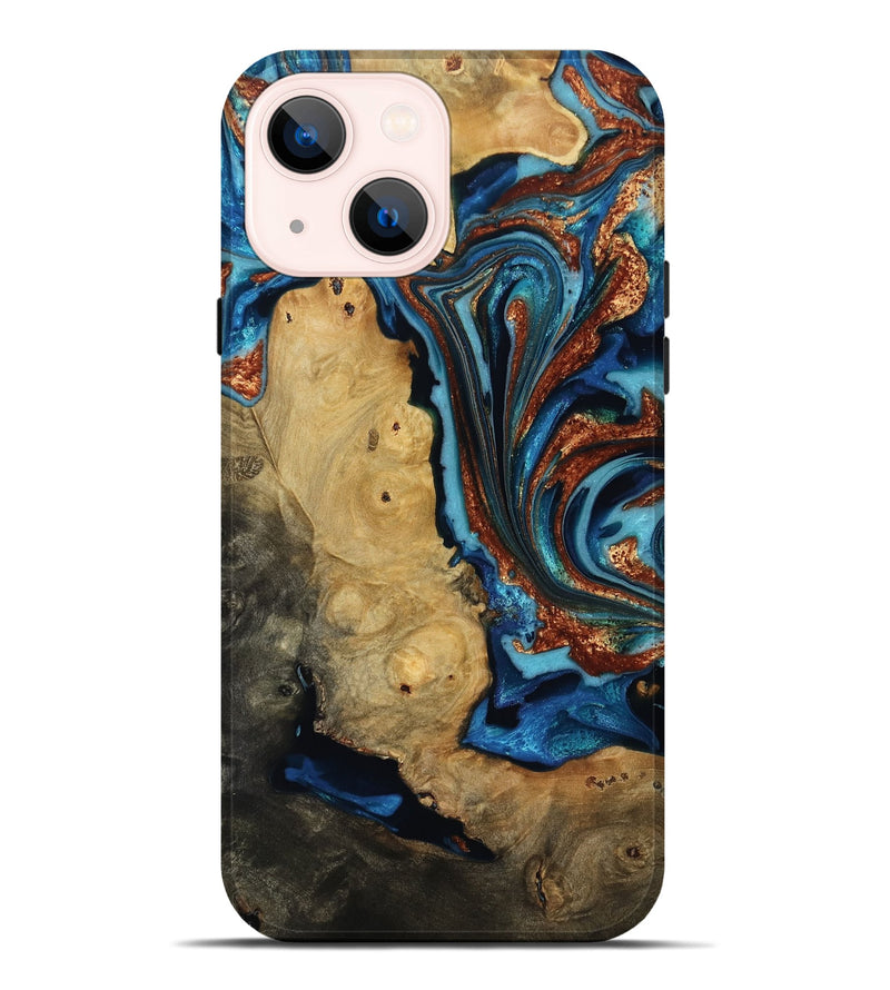 iPhone 14 Plus Wood Live Edge Phone Case - Emmie (Teal & Gold, 817007)