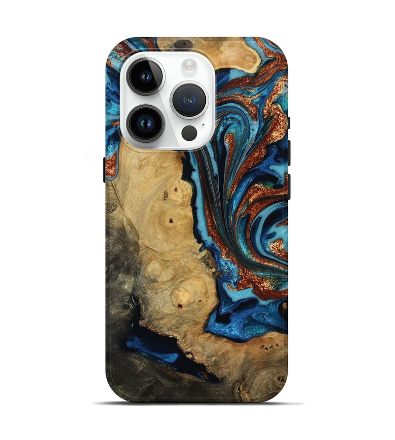iPhone 15 Pro Wood Live Edge Phone Case - Emmie (Teal & Gold, 817007)