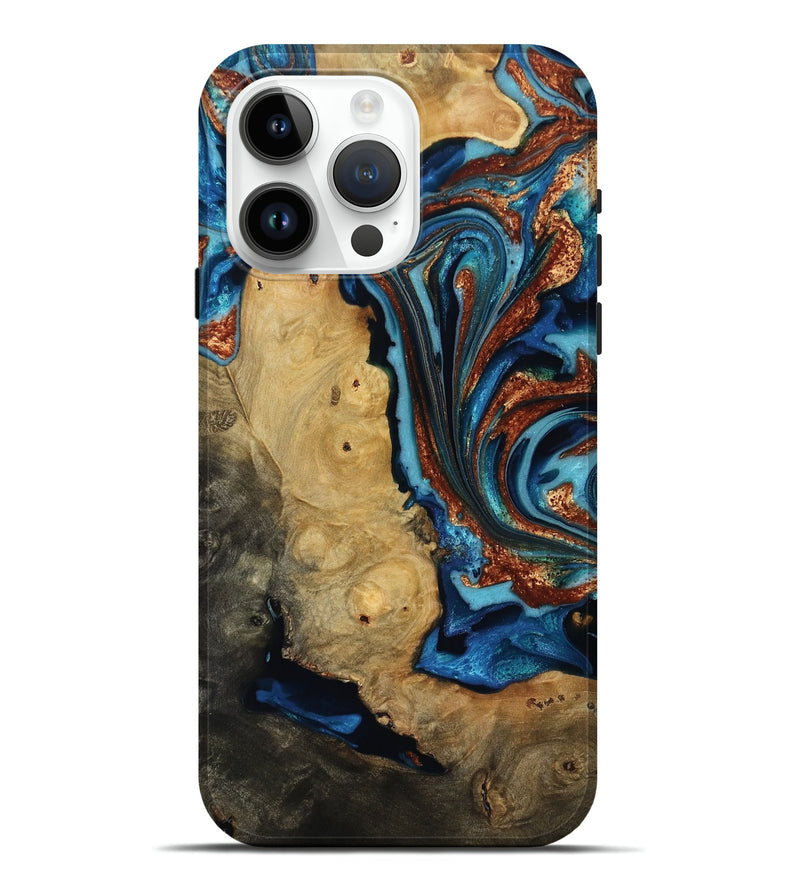 iPhone 15 Pro Max Wood Live Edge Phone Case - Emmie (Teal & Gold, 817007)
