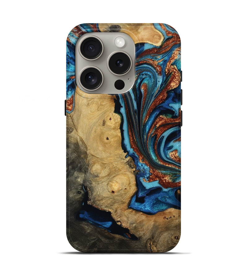 iPhone 16 Pro Wood Live Edge Phone Case - Emmie (Teal & Gold, 817007)