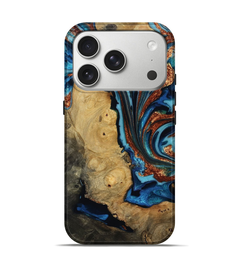 iPhone 17 Pro Wood Live Edge Phone Case - Emmie (Teal & Gold, 817007)