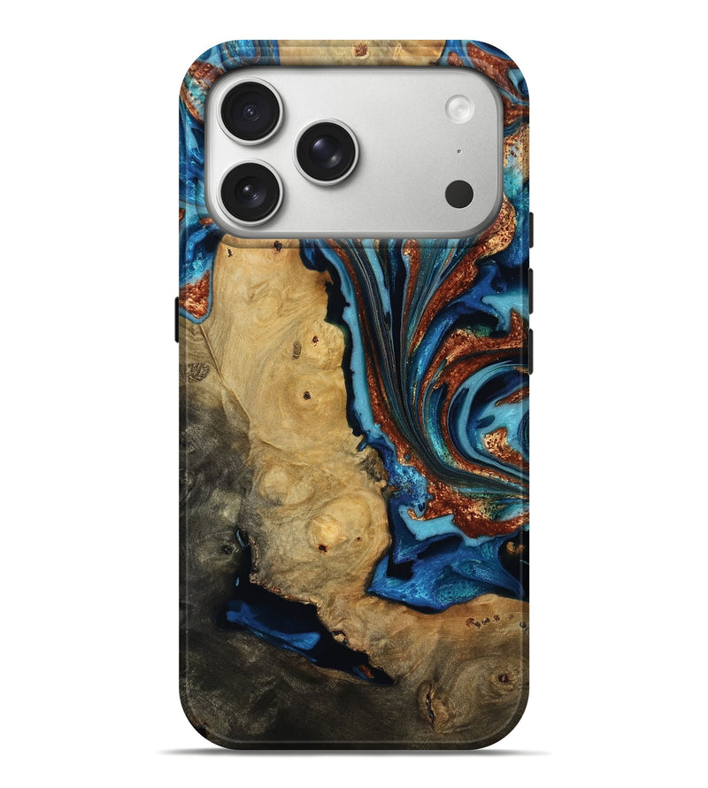 iPhone 17 Pro Max Wood Live Edge Phone Case - Emmie (Teal & Gold, 817007)