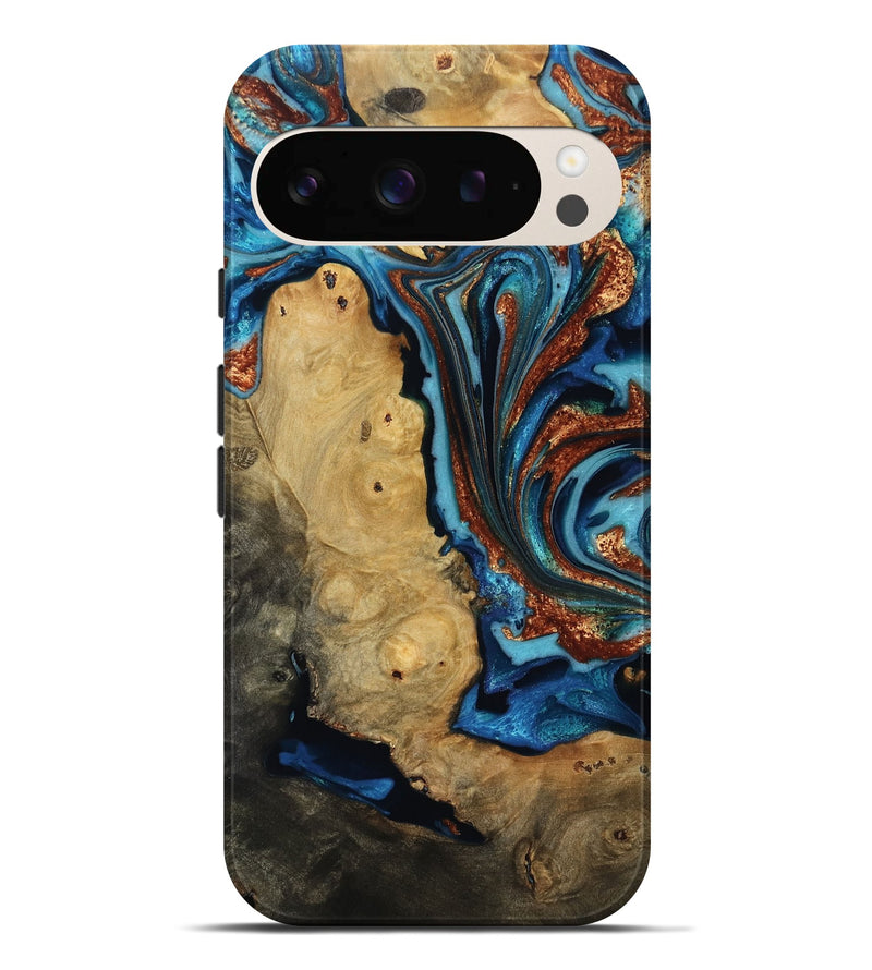 Pixel 9 Pro XL Wood Live Edge Phone Case - Emmie (Teal & Gold, 817007)