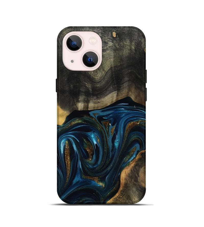 iPhone 13 mini Wood Live Edge Phone Case - Dakari (Teal & Gold, 817008)