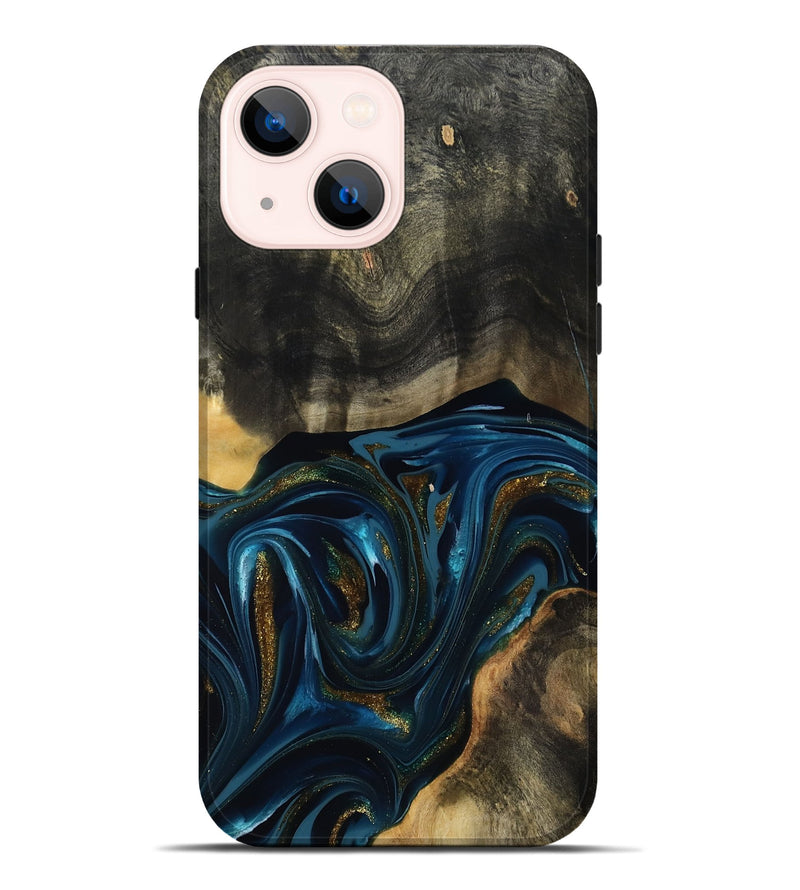 iPhone 14 Plus Wood Live Edge Phone Case - Dakari (Teal & Gold, 817008)