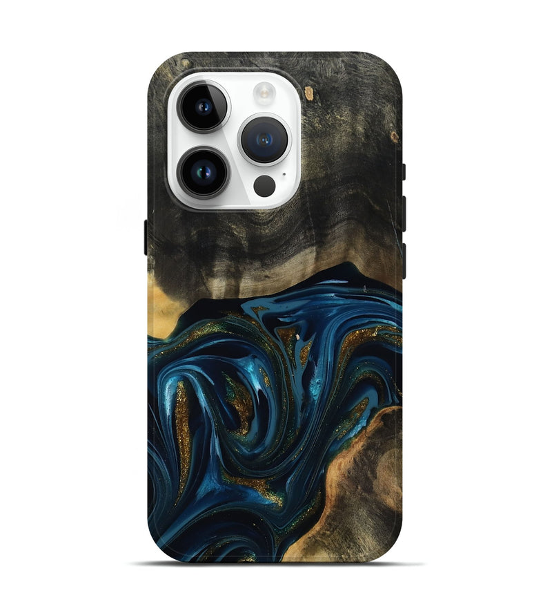 iPhone 15 Pro Wood Live Edge Phone Case - Dakari (Teal & Gold, 817008)